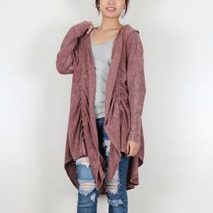 5PCS, Denim Washed Shirring Tie-Hem Jacket, Rose